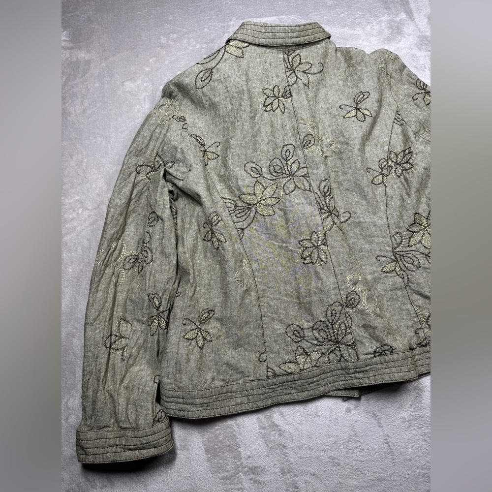 Vintage 90s Requirements Linen Cotton Blend Green Floral Embroidered Jacket XL - Picture 14 of 16